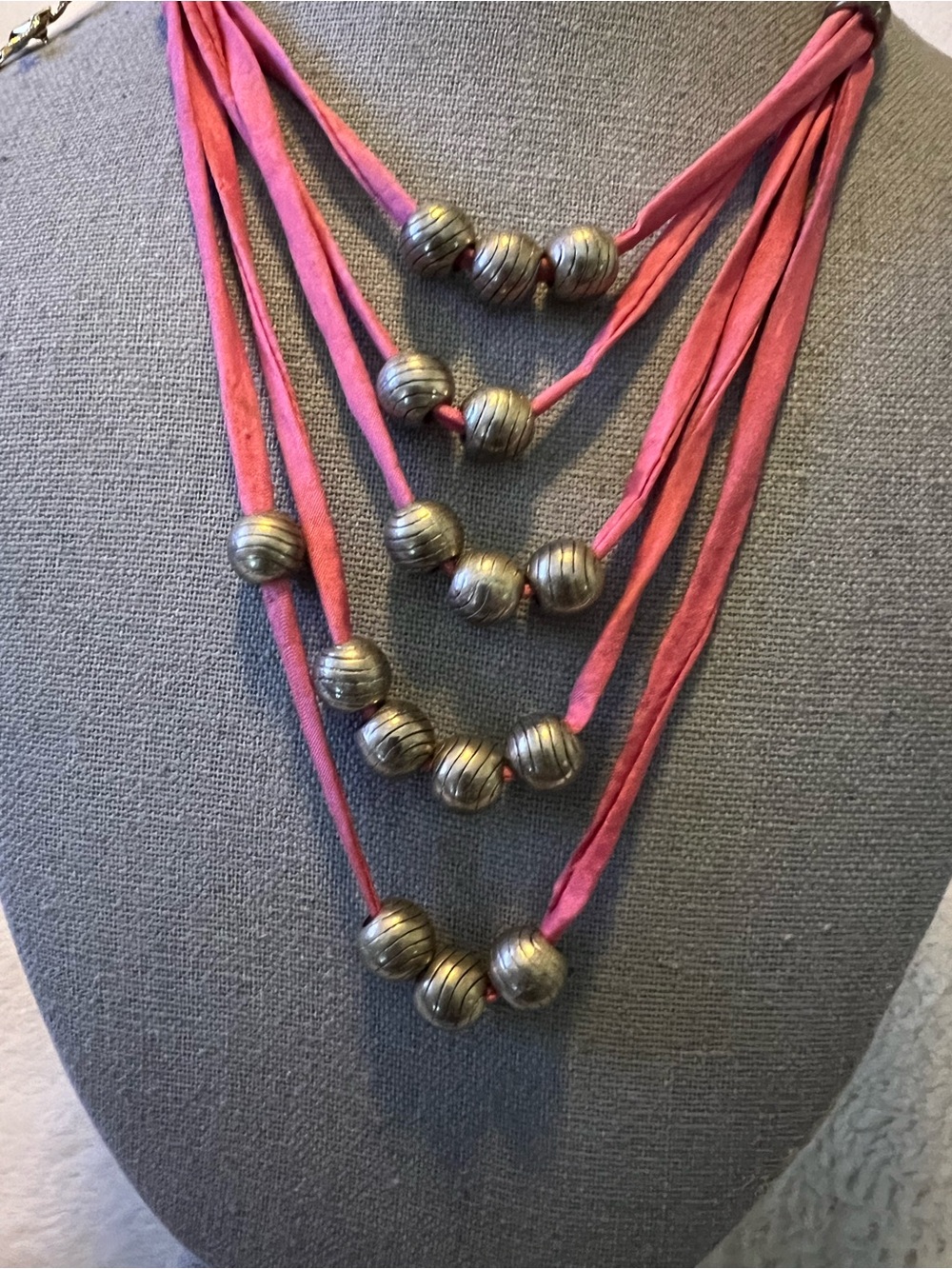 Coral Pink Ethnic Bohemian Silk  Multi-Strand Pink Bead Silver Necklace